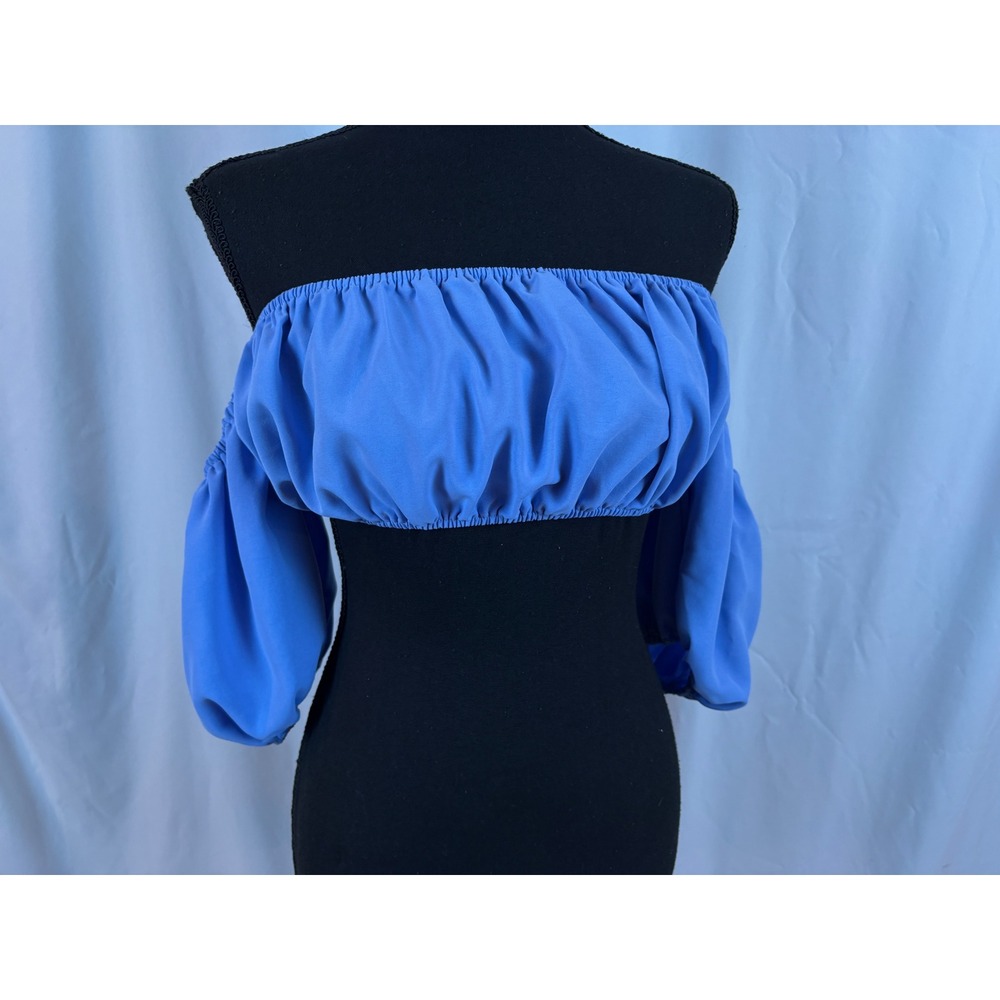 Gomorn Blue Off The Shoulder Puff Sleeve Crop Top Size S US 4 Bandeau Ruffle